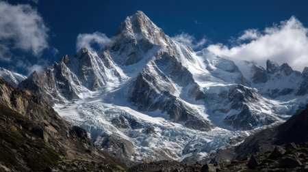 A breathtaking view of a snow-covered mountain peak, accentuated by dramatic clouds and a clear blue sky, showcasing the stunning natural landscape of the alpine region.の素材
