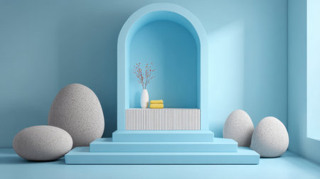 Explore a modern minimalist interior with a blue arch centerpiece, decorative stones, and a floral arrangement. Perfect for design inspiration in bright spaces.の素材