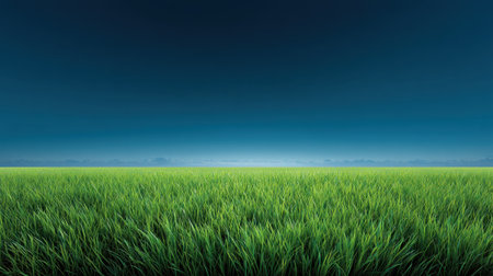 A stunning view of vibrant green grass stretching across the landscape under a clear blue sky, creating a serene environment perfect for outdoor themes and relaxation.の素材