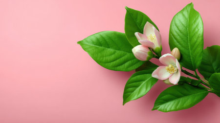 A stunning arrangement of delicate pink flowers and vibrant green leaves beautifully contrasts against a soft pink background. Ideal for nature-inspired designs.の素材