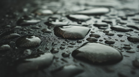 This close-up image showcases delightful raindrops on a dark surface, emphasizing the intricate details and textures of water droplets in a serene and natural setting.の素材