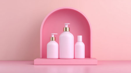 A stylish and minimalist arrangement of pink cosmetic bottles set against a soft pink backdrop, perfect for skincare and beauty product promotions.の素材