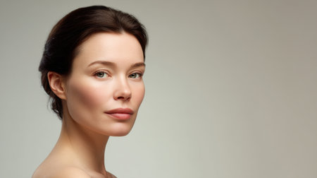 Captivating profile of a woman showcasing her smooth skin and natural makeup. The serene expression and soft gray background evoke a sense of calm and beauty.の素材