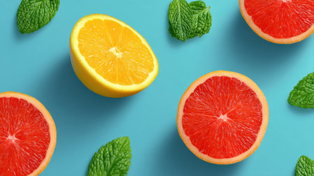 Discover the bright and refreshing display of citrus fruits, featuring lemon and grapefruit slices, complemented by fresh mint leaves on a vibrant blue background.の素材