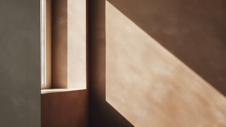 A captivating view of soft natural light casting gentle shadows on a minimalist interior featuring warm brown walls and a serene window, promoting tranquility.の素材