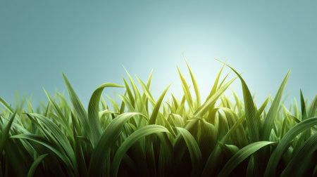 A vibrant display of lush green grass against a soft blue background, creating a serene and refreshing atmosphere perfect for nature-inspired projects.の素材