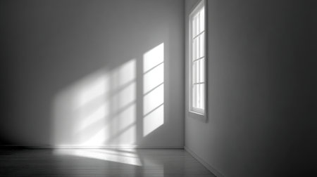 Captivating image of soft sunlight casting gentle shadows in a minimalist room, creating a peaceful and serene atmosphere perfect for relaxation and reflection.の素材