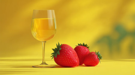 A captivating still life featuring fresh strawberries beside a glass of yellow juice against a vibrant yellow backdrop, evoking freshness and summertime joy.の素材