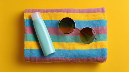 A vibrant summer scene featuring a striped towel, sunglasses, and sunscreen, all set against a sunny yellow background, perfect for sunny days at the beach or pool.の素材