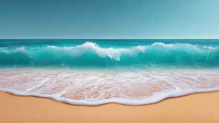 A serene scene showcasing gentle waves rolling onto a sandy beach, with a vivid blue sky above and a calm ocean horizon, perfect for relaxation and escape.の素材