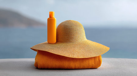 A vibrant yellow sun hat rests atop a cozy beach towel, accompanied by sunscreen, capturing the essence of summer relaxation by the ocean. Perfect for vacation vibes.の素材