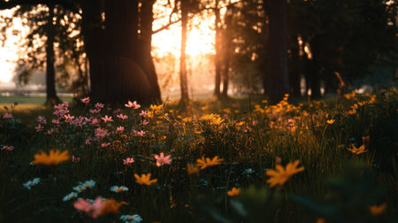 Experience a peaceful nature scene featuring vibrant wildflowers illuminated by soft evening light filtering through tall trees, creating a serene and inviting atmosphere.の素材