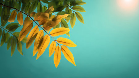 A stunning display of bright yellow leaves contrasting beautifully against a lush green background, illuminated by warm sunlight, creating a serene and peaceful atmosphere.の素材