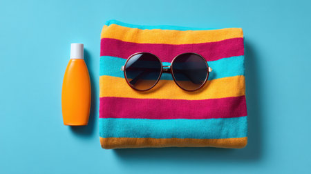 A vibrant beach scene featuring a colorful striped towel, stylish sunglasses, and sunscreen lotion. Ideal for summer vacation and sun safety. Perfect for relaxation!の素材