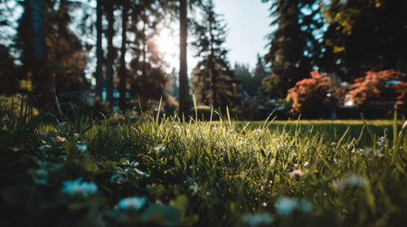 A beautiful and tranquil scene featuring fresh green grass illuminated by soft sunlight in a lush forest, enhancing the natural beauty of the surrounding flora.の素材