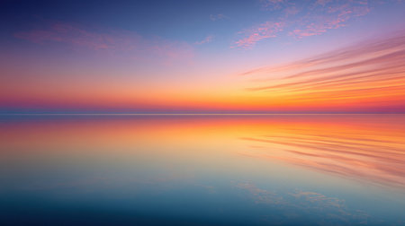 A breathtaking view of a tranquil sunset over still waters displays a stunning range of warm and cool colors, creating a peaceful and serene atmosphere.の素材