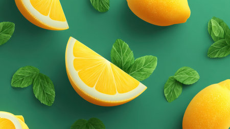 Bright and vibrant arrangement of lemons and mint leaves on a fresh green background, perfect for summer-themed projects and culinary inspirations.の素材