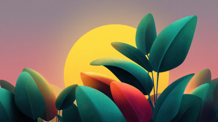 A stunning composition featuring vibrant leaves contrasted against a bold sunset. Warm colors and soft gradients create a tranquil atmosphere perfect for nature enthusiasts.の素材