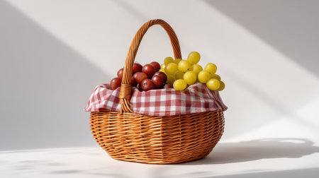 A charming depiction of a woven basket filled with fresh red and yellow grapes, set against a soft white background, ideal for health and lifestyle themes.の素材