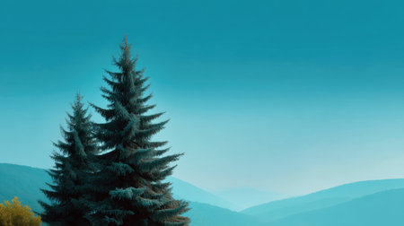 Enjoy a breathtaking view of evergreen trees standing majestically against a soft blue sky, with distant mountains creating a soothing atmosphere for relaxation and exploration.の素材