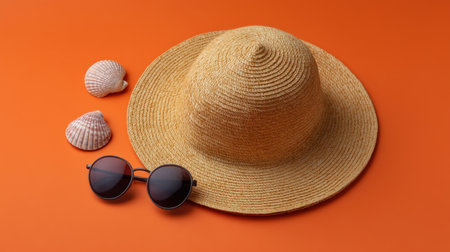 A stylish straw hat paired with round sunglasses and complemented by seashells, set against a vibrant orange background, perfect for capturing summer vibes.の素材