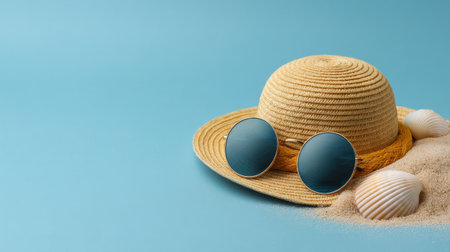 This image showcases a straw hat and stylish sunglasses resting on a bed of soft sand, surrounded by seashells, creating a tranquil summer atmosphere.の素材