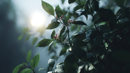 Capture the essence of nature with beautiful dew-kissed leaves bathed in soft morning light, creating a calming and serene atmosphere in a tranquil forest.の素材