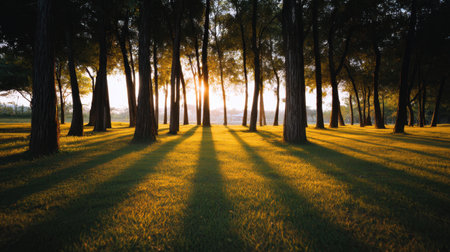 Experience the beauty of nature with this serene sunrise scene featuring tall trees casting long shadows across lush grass in a peaceful forest setting.の素材