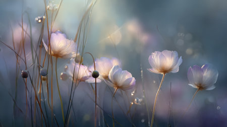 A tranquil image of delicate pastel flowers illuminated by soft light, surrounded by gentle grass, perfect for evoking feelings of peace and serenity in nature-inspired projects.の素材