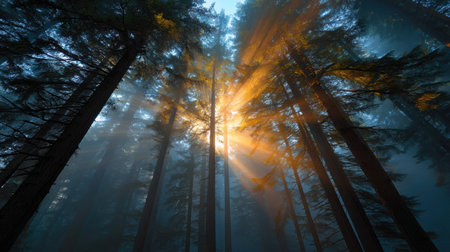A captivating scene showcasing sunlight filtering through tall trees in a misty forest. This serene atmosphere invites tranquility and connection to nature's beauty.の素材