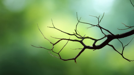 A closeup of a bare tree branch showcases intricate details against a softly blurred green background, symbolizing tranquility and the beauty of natureの素材