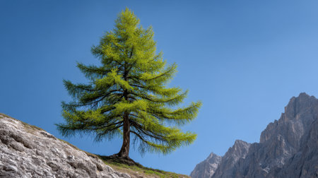 A striking green tree stands in solitude against a clear blue sky and rocky mountain backdrop, capturing the essence of spring in a tranquil outdoor setting.の素材