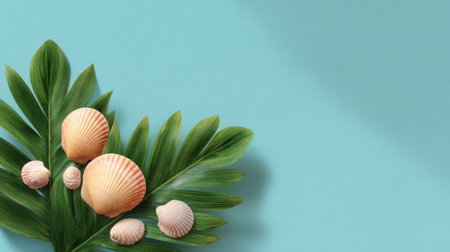 A beautiful arrangement of sea shells nestled among vibrant green leaves on a soothing blue background, perfect for summer-themed design projects and creative uses.の素材