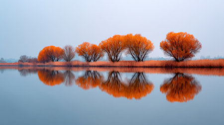 This captivating autumn landscape features vibrant orange trees reflected in calm water, creating a serene atmosphere at dawn. Ideal for nature lovers and tranquility seekers.の素材