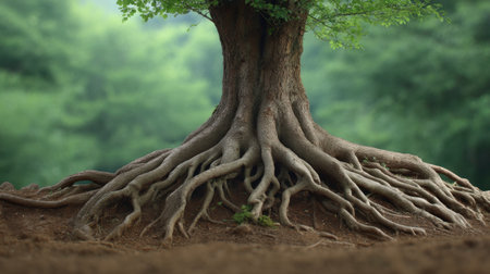 Close-up view of tree roots extending from the soil, showcasing intricate patterns. The serene background of lush green foliage highlights the natural beauty and tranquility.の素材