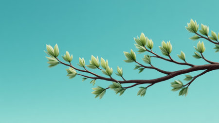 Lush green leaves adorn a slender branch set against a soothing blue backdrop, capturing the essence of nature's beauty and the spirit of growth and renewal.の素材