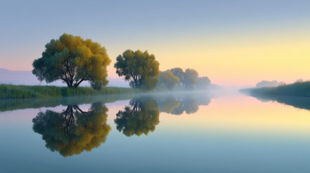 A serene river scene at dawn featuring misty trees reflecting in the calm water. The gentle hues of sunrise offer a tranquil atmosphere for relaxation.の素材