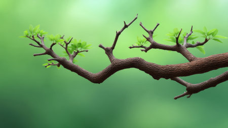 A detailed close-up of a branch with fresh green leaves against a softly blurred background. This image conveys themes of growth, renewal, and the beauty of nature.の素材