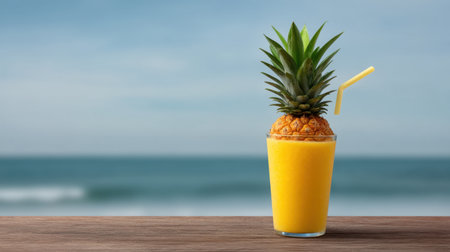 A vibrant pineapple drink sits on a wooden table, with a straw positioned for enjoyment, against a tranquil ocean backdrop. Perfect for summer relaxation and refreshment.の素材