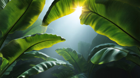 Experience the serene beauty of lush green leaves in a tropical forest as sunlight filters through, creating a peaceful atmosphere perfect for relaxation and inspiration.の素材