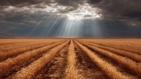 A stunning view of a golden wheat field stretching to the horizon under a dramatic sky with rays of sunlight breaking through the clouds, showcasing nature's beauty.の素材