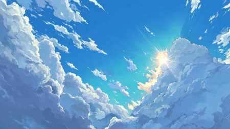 This stunning image showcases the beautiful interplay of sunlight and fluffy clouds in a vibrant blue sky, evoking a sense of peace and tranquility.の素材