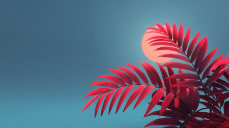 A stunning image of vibrant red palm leaves silhouetted against a soft blue background, showcasing the warm glow of a subtle sunset, perfect for nature-inspired themes.の素材