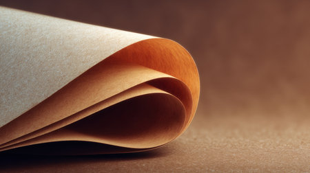 A close-up image showcasing a beautifully curved sheet of textured paper in warm tones, ideal for artistic, craft, and design projects with a soft background.の素材
