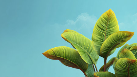 A stunning display of lush green tropical leaves set against a soft blue sky, offering a vibrant and refreshing backdrop for nature-themed projects and designs.の素材