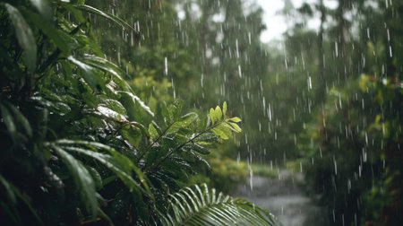 This stunning image captures a serene rainforest scene with raindrops falling on lush green leaves, portraying the beauty and tranquility of nature in its purest form.の素材