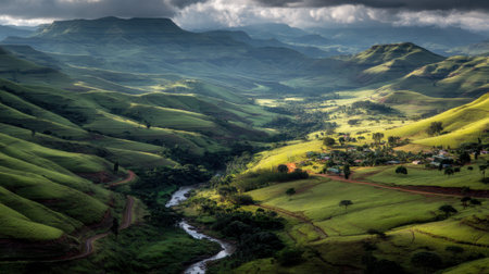 A breathtaking view of a lush valley revealing rolling green hills and a winding river, all illuminated under a dramatic sky filled with dynamic clouds.の素材