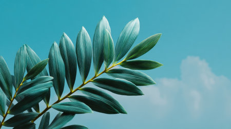 A stunning close-up of green leaves set against a soft sky with clouds. This image evokes feelings of tranquility and freshness, perfect for wellness and lifestyle themes.の素材