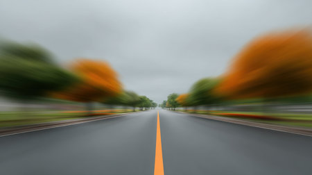 A serene view of a road lined with autumn trees under a cloudy sky, creating a soft-focus effect. Perfect for concepts of journey, freedom, and tranquility.の素材