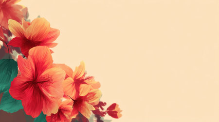 A stunning arrangement of red and orange hibiscus flowers against a soft blush background perfect for nature and floral-themed projects and designs.の素材